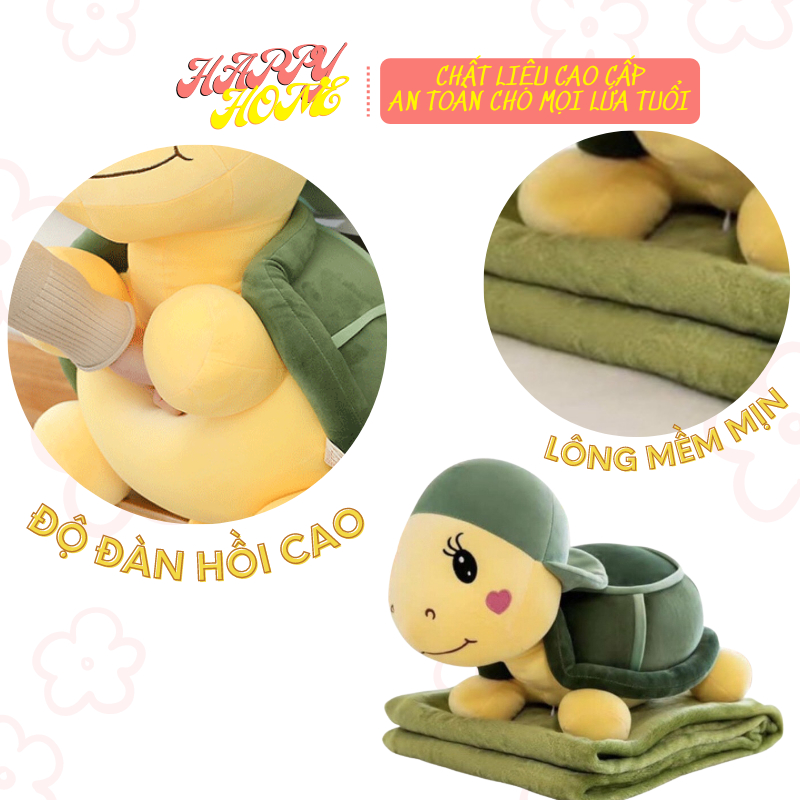 Gấu bông có mền, bộ chăn gối văn phòng 3 trong 1 hình rùa đội mũ ngộ nghĩnh Happy Home