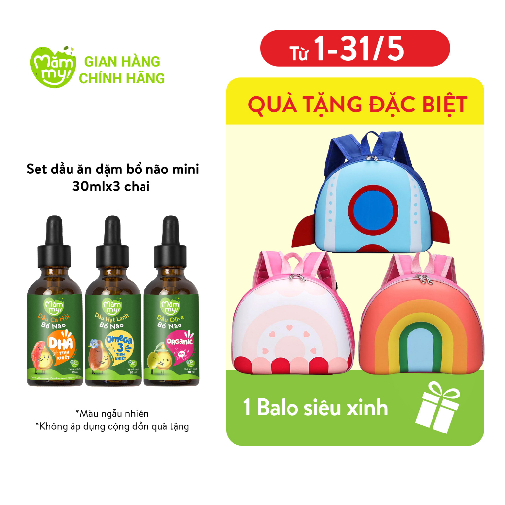SET 3 dầu ăn dặm bổ não Mămmy - Dầu Cá Hồi, Dầu Hạt Lanh, Dầu Olive chai 30ml Mom's Collection