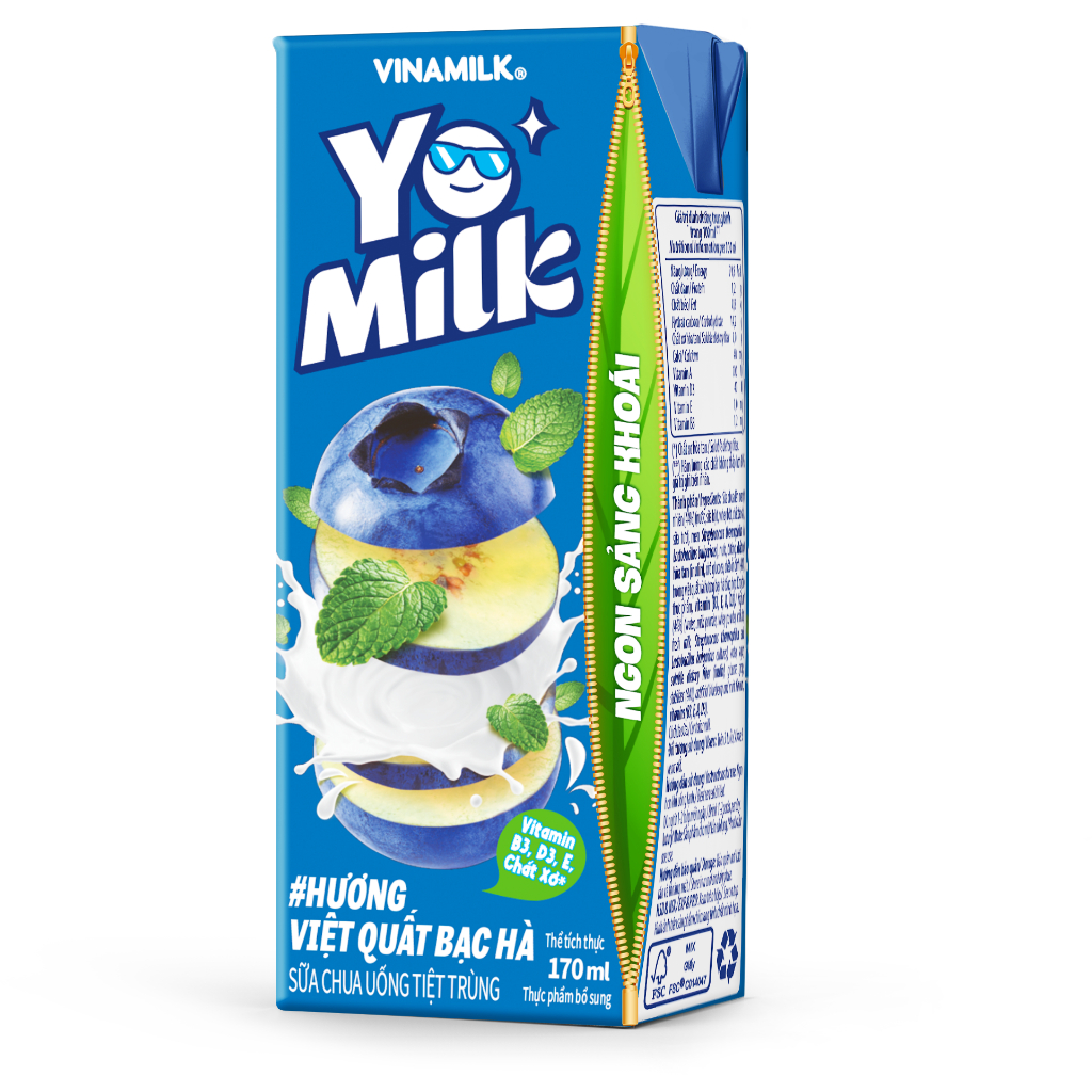 Sữa chua uống Vinamilk Yomilk hương việt quất bạc hà - Lốc 4 hộp 170ml