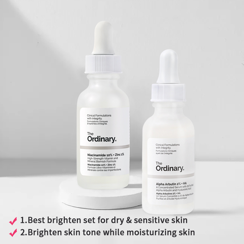 BỘ SẢN PHẨM CHO CHẾ ĐỘ TRỊ MỤN CẢI THIỆN NHƯỢC ĐIỂM DA CỦA THE ORDINARY -Niacinamide 10% + Zinc 1% 30ml & Alpha Arbutin 2% + HA Serum 30ml