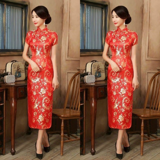 Sườn xám cổ tàu form dài chất umi dày dặn in kỹ thuật số sắc nét siêu đẹp, Đầm sườn xám tay ngắn cổ tàu T243 - yado
