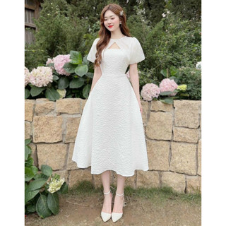 Đầm Midi Dự Tiệc Dáng Xòe_Đầm Gấm Trắng Tiểu Thư Tay Bồng Thiết Kế Sang Trọng Thanh Lịch