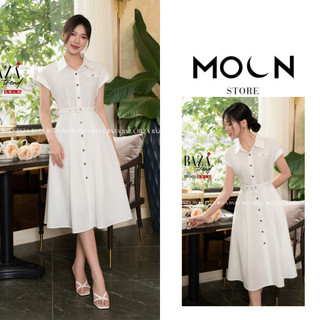 Váy xòe nữ cổ đức thiết kế thắt eo chất liệu vải thô non, đầm tiểu thư dáng dài TBV402 Moon