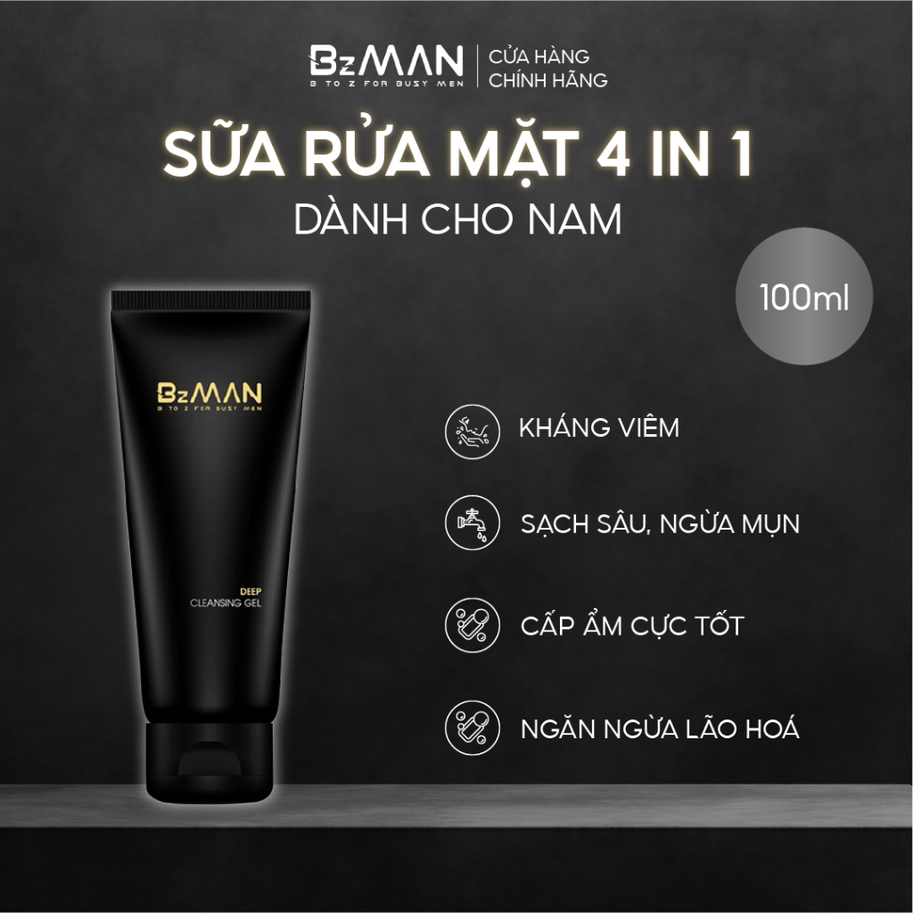 Sữa rửa mặt Nam 4IN1: Ngừa mụn, Dưỡng ẩm, Sạch sâu, Sảng khoái BzMan dạng Gel 100ml