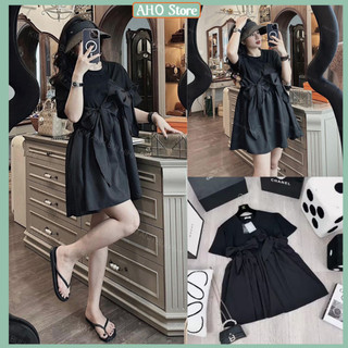 Áo Váy Đen Dáng Dài Phối 2 Nơ Buộc Trước Áo Babydoll Nữ Dáng Xoè Ngắn Tay Freesize