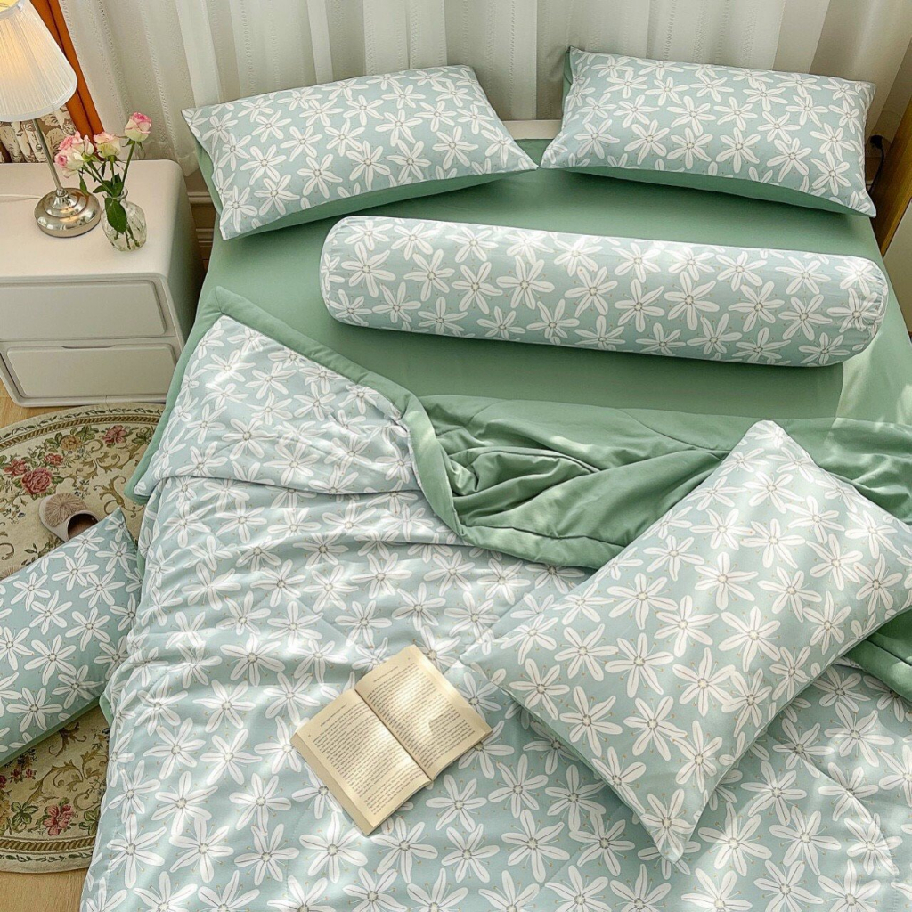 Bộ Chăn Chần Ga Giường Vỏ Gối 5 Món Cotton Đũi VIE HOME - Bedding Cao Cấp Hoa Lá Đủ Size Nệm M6/M8