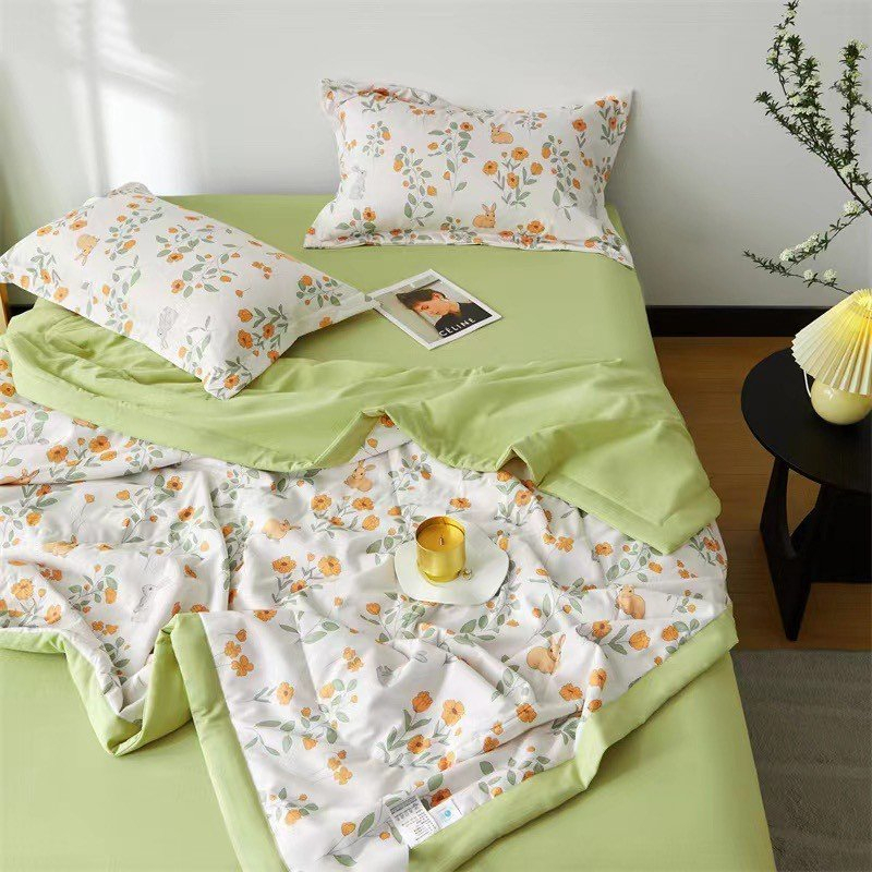 Bộ chăn ga gối Cotton Đũi VIE HOME - Bedding mềm mát thâm hút họa tiết hoa  cam dễ thương Drap bọc nệm M4 M6 M8