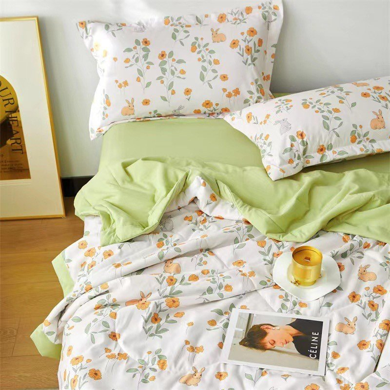Bộ chăn ga gối Cotton Đũi VIE HOME - Bedding mềm mát thâm hút họa tiết hoa  cam dễ thương Drap bọc nệm M4 M6 M8