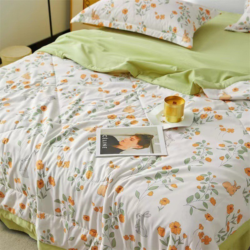 Bộ chăn ga gối Cotton Đũi VIE HOME - Bedding mềm mát thâm hút họa tiết hoa  cam dễ thương Drap bọc nệm M4 M6 M8