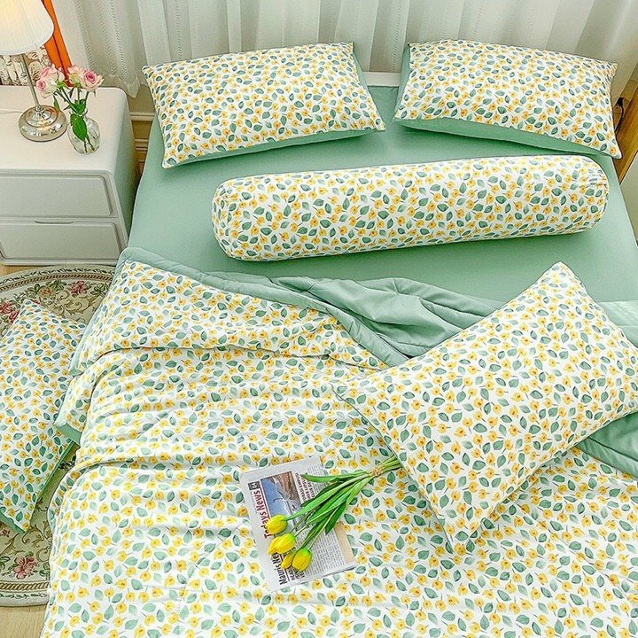 Bộ Chăn Chần Ga Giường Vỏ Gối 5 Món Cotton Đũi VIE HOME - Bedding Cao Cấp Hoa Lá Đủ Size Nệm M6/M8