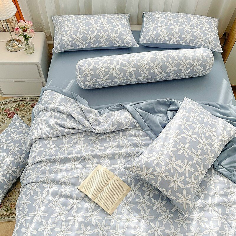 Bộ Chăn Chần Ga Giường Vỏ Gối 5 Món Cotton Đũi VIE HOME - Bedding Cao Cấp Hoa Lá Đủ Size Nệm M6/M8