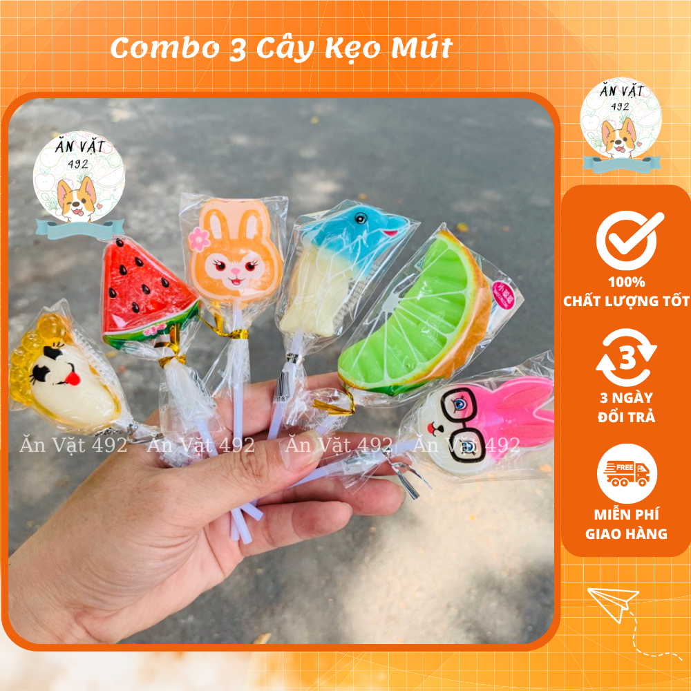 Combo 3 Cây Kẹo Mút Dưa Hấu,Thỏ,Cá Heo,Bàn Chân Hongkong 15g - Ăn Vặt 492