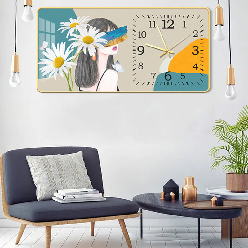 Tranh đồng hồ treo tường cô gái hoa cúc trắng tặng kèm pin và đinh 3 chân
