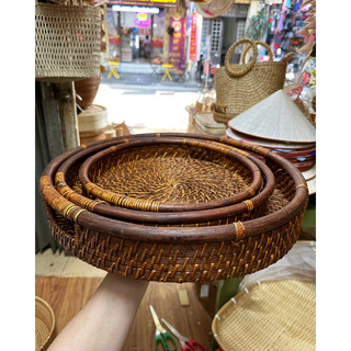 Set bộ 3 khay mây tròn giả cổ loại có tay cầm shop mây tre đan Anh Thư