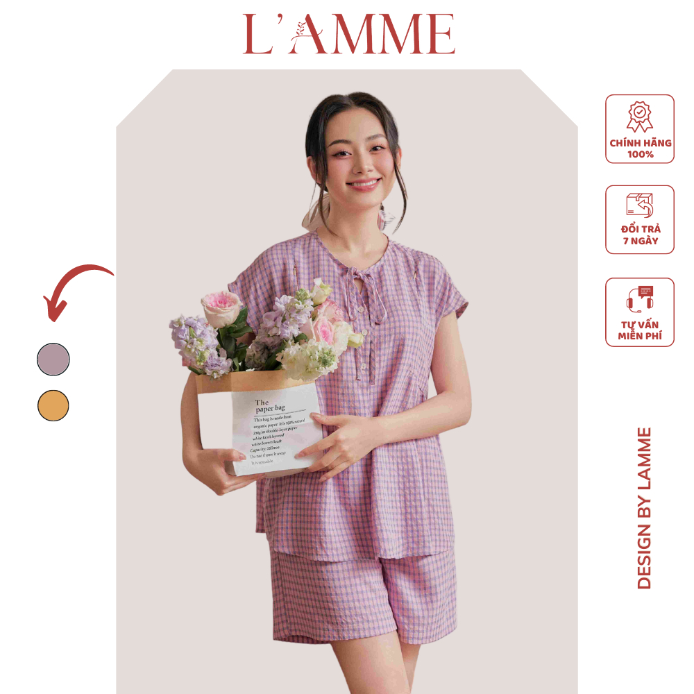 Bộ bầu mặc ở nhà BUN kẻ caro, chất liệu đũi thấm hút mồ hôi, co giãn tốt, thoải mái khi mặc trước và sau khi sinh