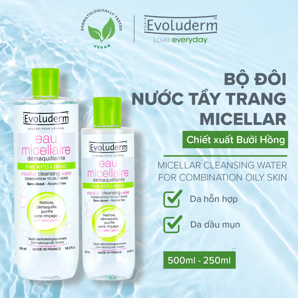 Bộ nước tẩy trang Evoluderm dành cho da dầu mụn và da hỗn hợp 500ml và 250ml