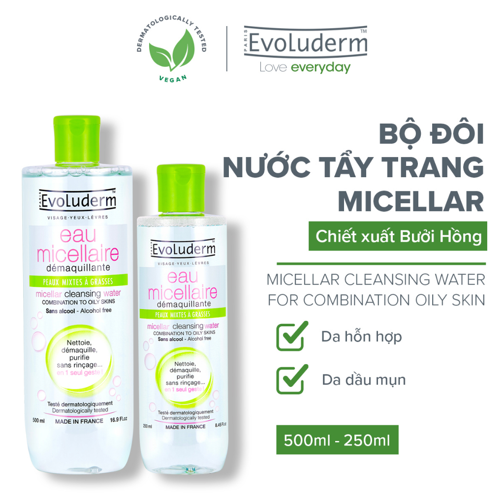 Bộ nước tẩy trang Evoluderm dành cho da dầu mụn và da hỗn hợp 500ml và 250ml