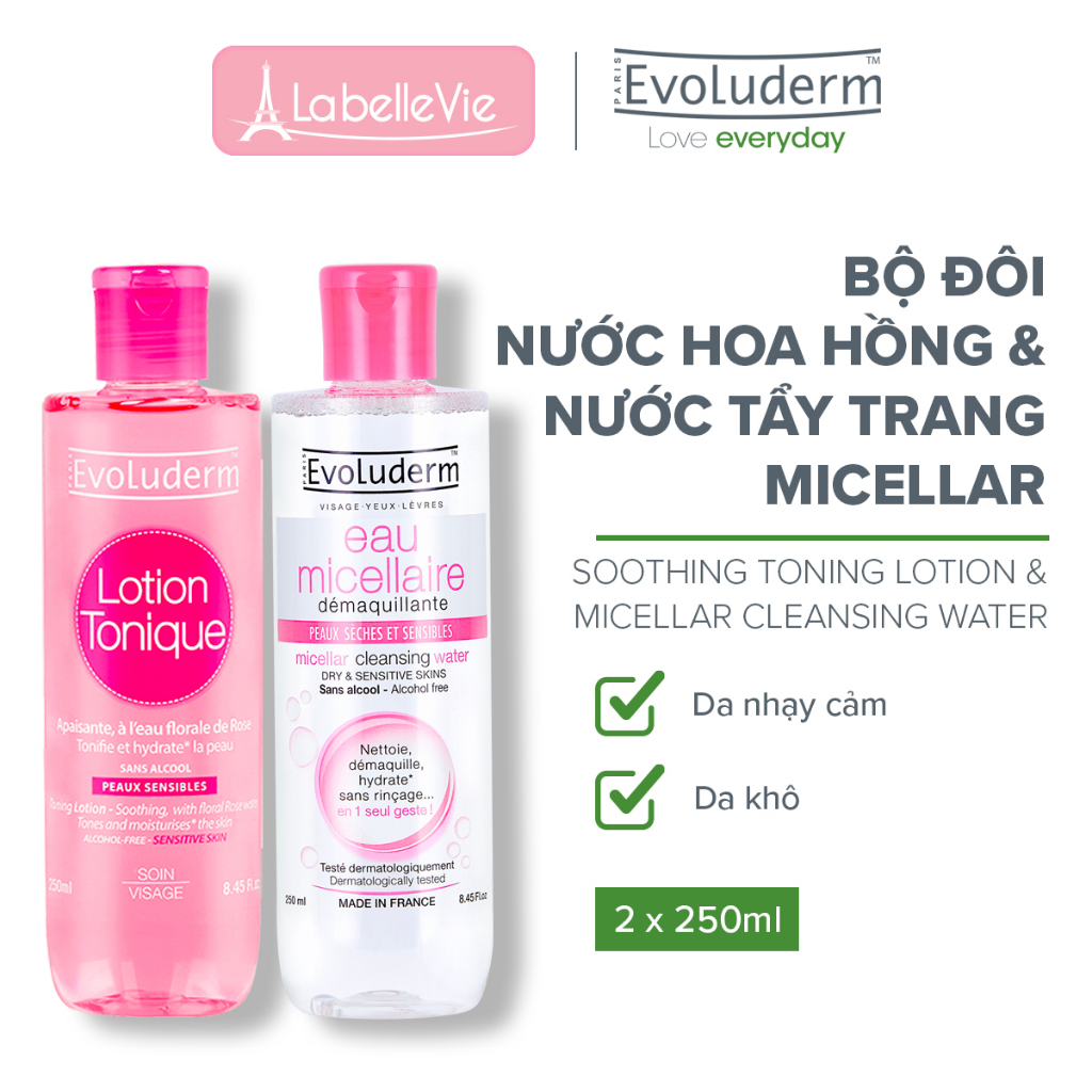 Bộ chăm sóc da nước tẩy trang và nước hoa hồng dành cho khô và nhạy cảm Evoluderm dưỡng ẩm da, cho da mịn màng 250ml