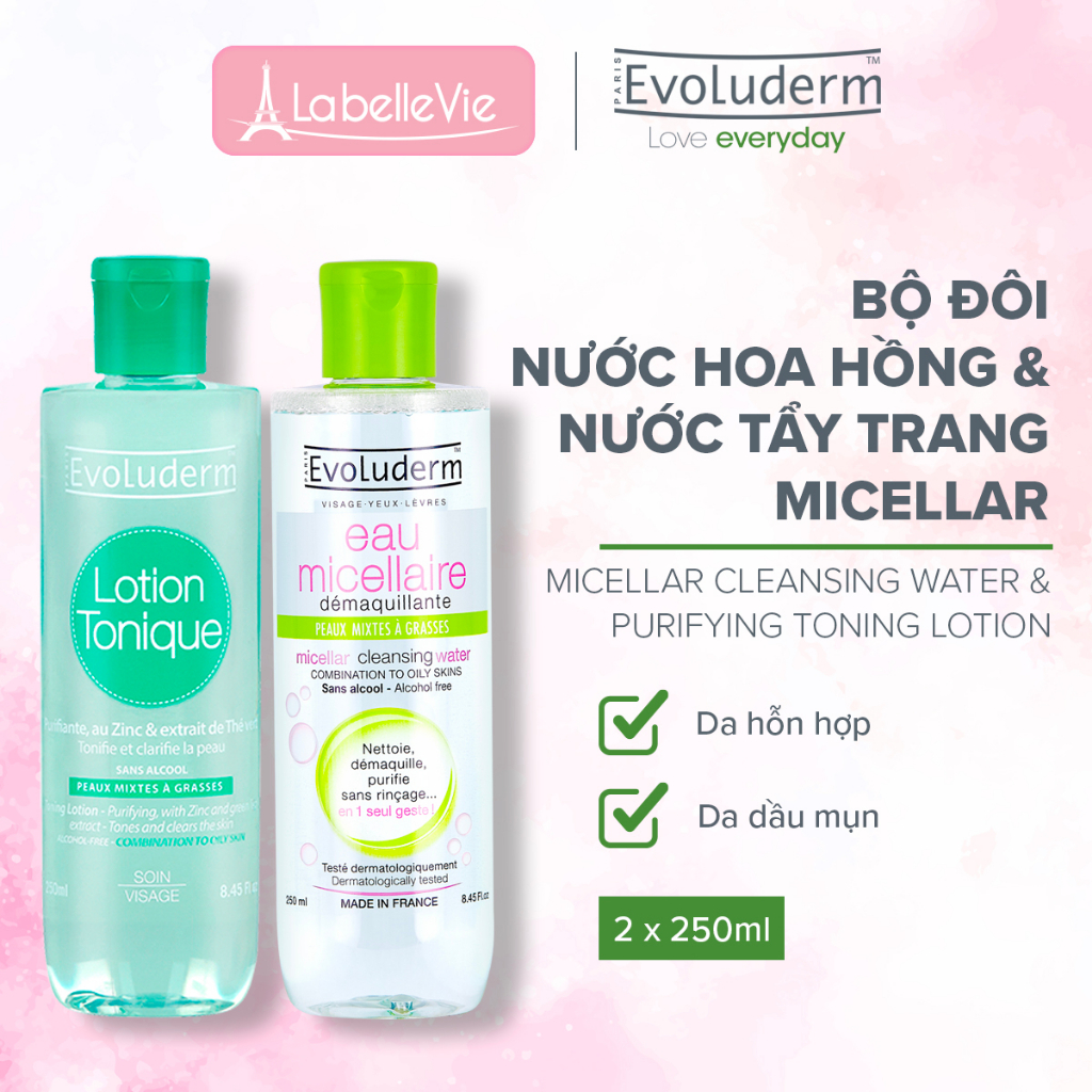 Bộ nước tẩy trang và nước hoa hồng Evoluderm dành cho da hỗn hợp 250ml