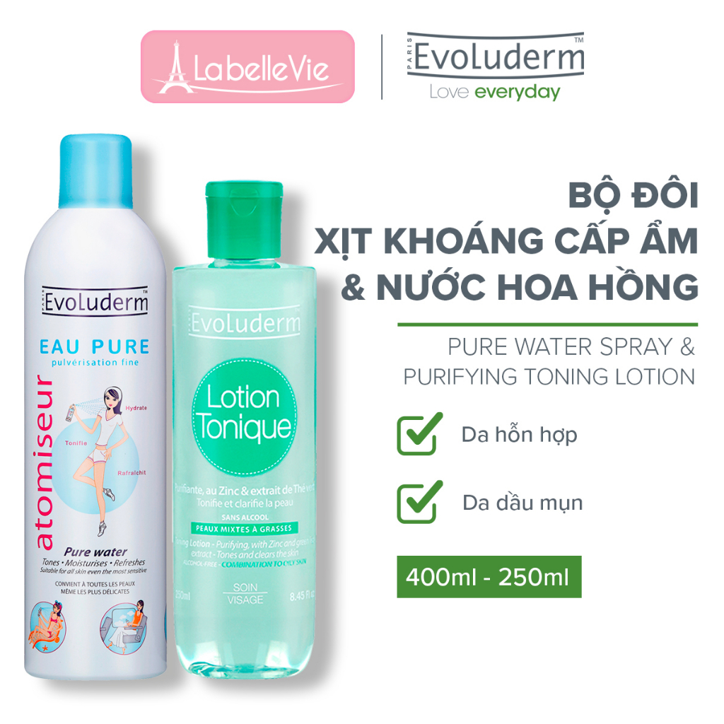 Bộ Xịt Khoáng Evoluderm dưỡng ẩm cấp nước 400ml và Nước Hoa Hồng trà xanh cho da hỗn hợp dầu mụn 250ml