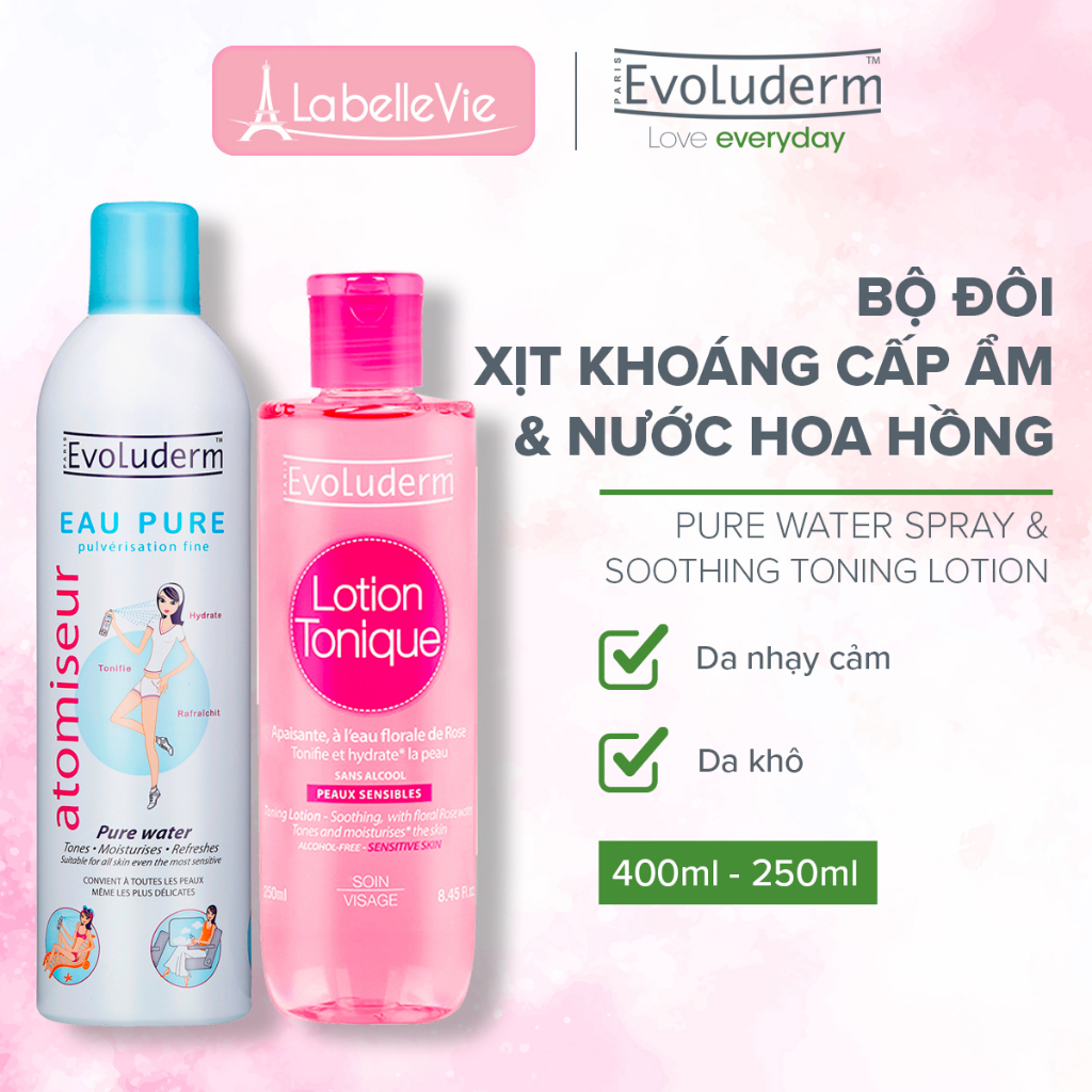 Bộ chăm sóc da xịt khoáng Evoluderm 400ml và nước hoa hồng 250ml dưỡng da cấp ẩm dành cho da khô và nhạy cảm