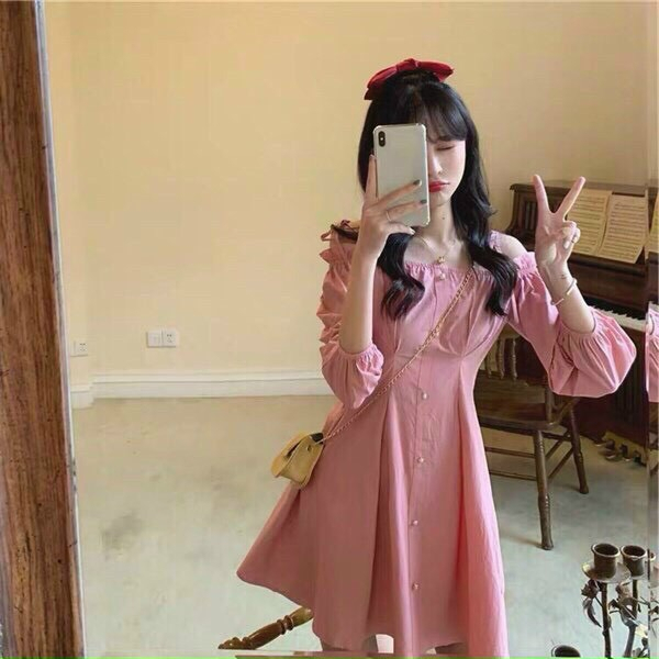 [5.5 Sales Freeship] Đầm phong cách hàn quốc, đầm hồng trễ vai tay dài phối nút ôm eo dáng xòe siêu dễ thương mtb