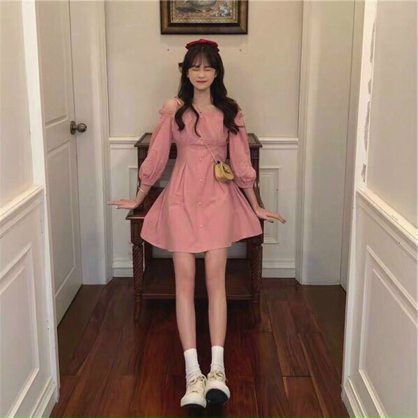 [5.5 Sales Freeship] Đầm phong cách hàn quốc, đầm hồng trễ vai tay dài phối nút ôm eo dáng xòe siêu dễ thương mtb