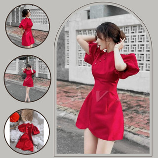 Đầm váy nữ sườn xám cổ tàu đính ngọc xinh xắn với tone màu đỏ dành cho các nàng diện đi chơi Noel, Tết siêu xinh T241