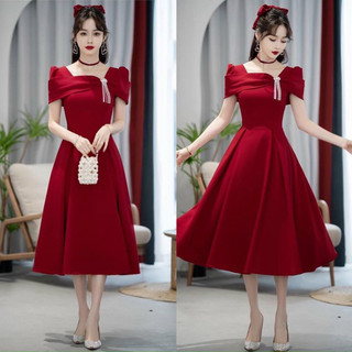 Đầm nữ dạ hội cổ vuông tay búp dáng xòe phong cách tiểu thư đính phụ kiện trước ngực T237 - yado