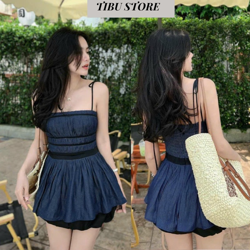 Áo Hai Dây Jean Nhún Chỉ TIBU, Áo Demin Xoè Hở Lưng Xinh Xắn Siêu Hot Đi Chơi