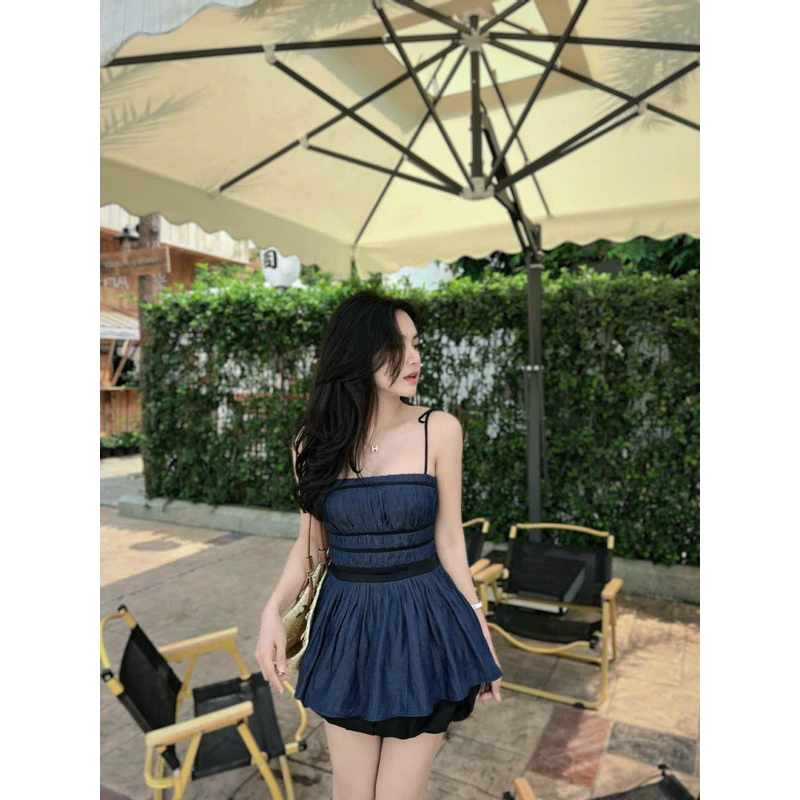 Áo Hai Dây Jean Nhún Chỉ TIBU, Áo Demin Xoè Hở Lưng Xinh Xắn Siêu Hot Đi Chơi