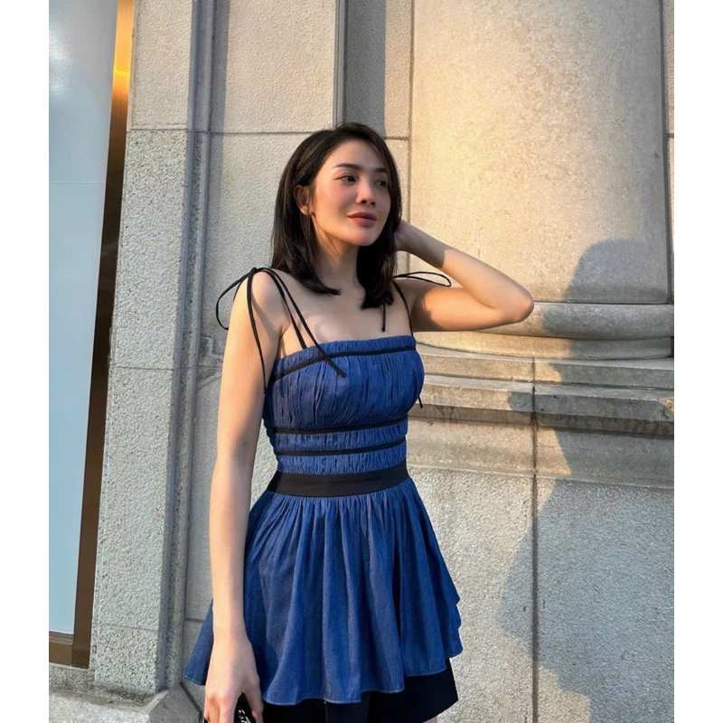 Áo Hai Dây Jean Nhún Chỉ TIBU, Áo Demin Xoè Hở Lưng Xinh Xắn Siêu Hot Đi Chơi