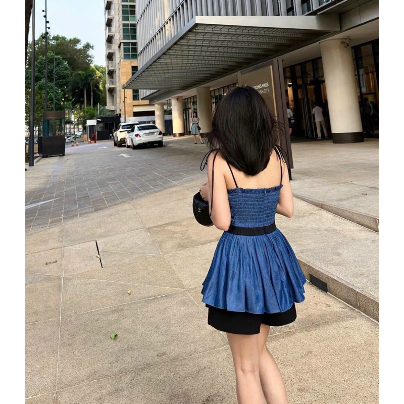 Áo Hai Dây Jean Nhún Chỉ TIBU, Áo Demin Xoè Hở Lưng Xinh Xắn Siêu Hot Đi Chơi