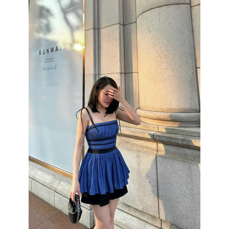 Áo Hai Dây Jean Nhún Chỉ TIBU, Áo Demin Xoè Hở Lưng Xinh Xắn Siêu Hot Đi Chơi