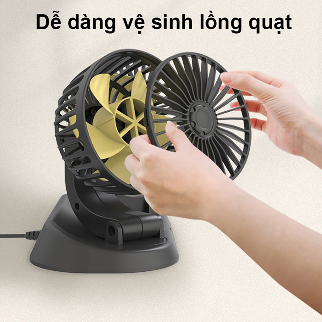 Quạt xe ô tô làm mát dùng USB xoay 360 độ, Quạt đôi mini công suất lớn cho xe ô tô, xe hơi gia đình