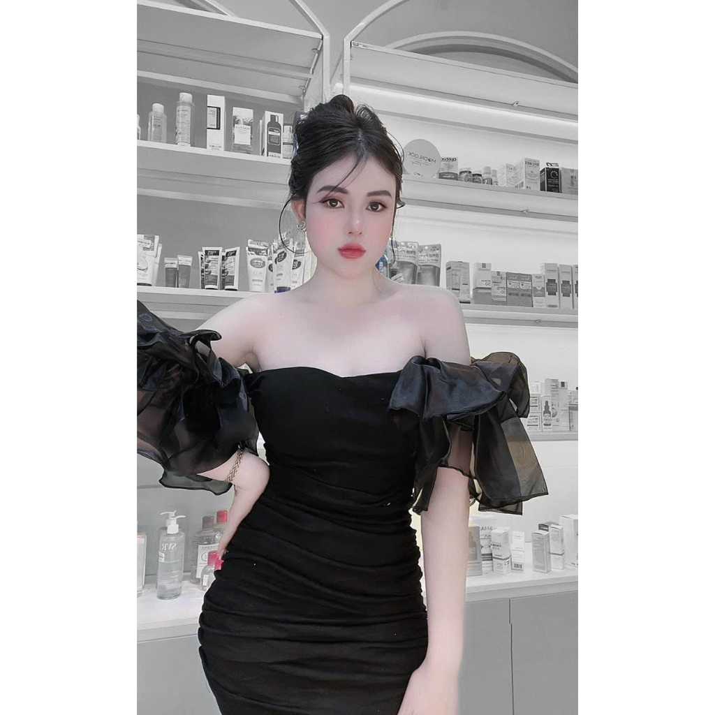 Đầm body trễ vai tay voan cup ngực bánh bèo có mút ngực
