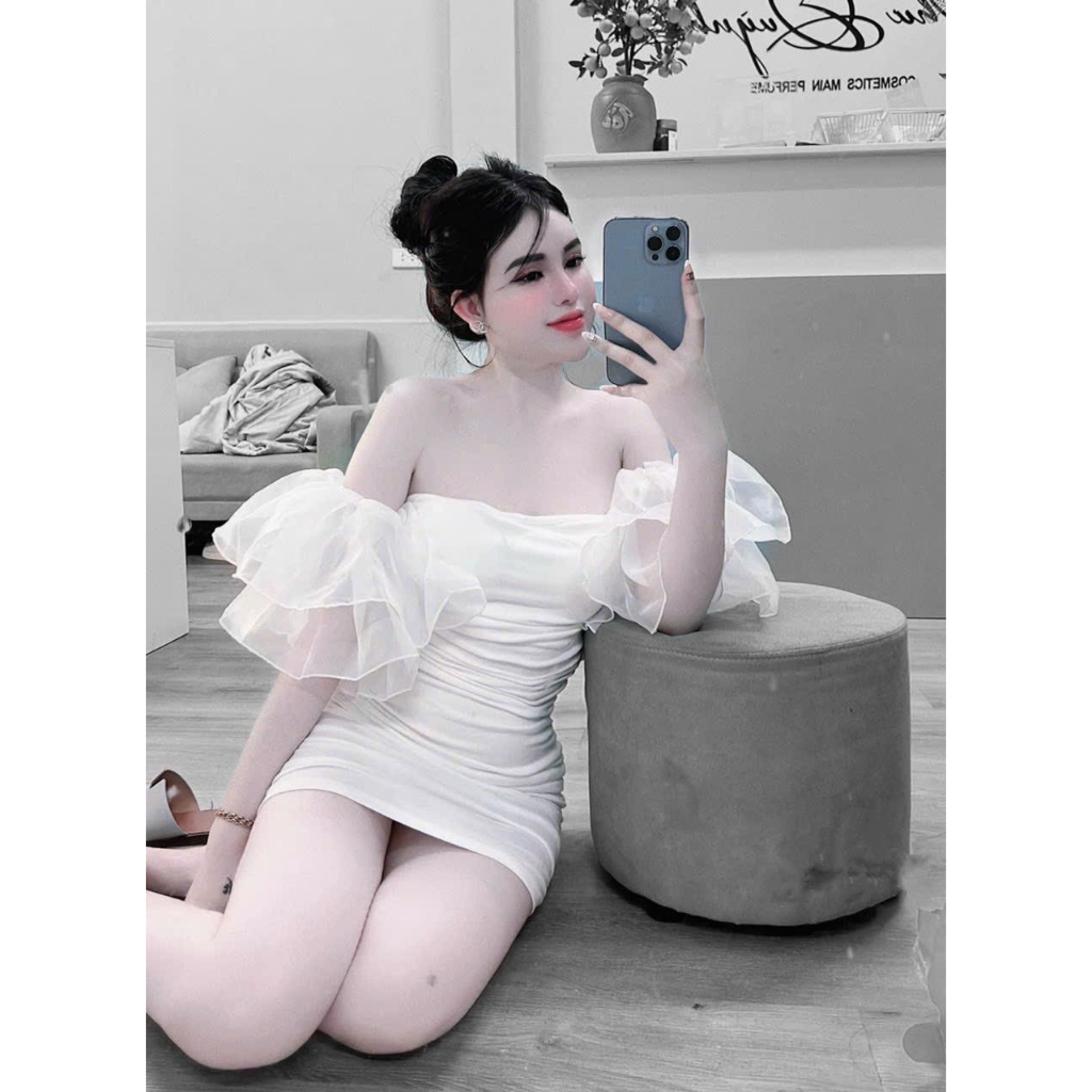 Đầm body trễ vai tay voan cup ngực bánh bèo có mút ngực