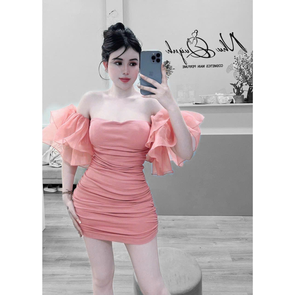Đầm body trễ vai tay voan cup ngực bánh bèo có mút ngực
