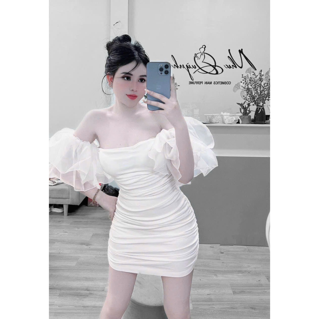 Đầm body trễ vai tay voan cup ngực bánh bèo có mút ngực