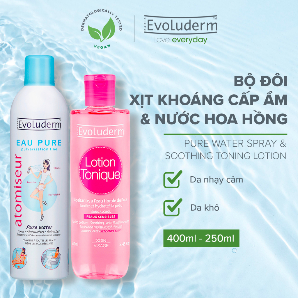 Bộ Xit khoáng Evoluderm Atomiseur Eau Pure 400ml và Nước hoa hồng Evoluderm cho da nhạy cảm 250ml