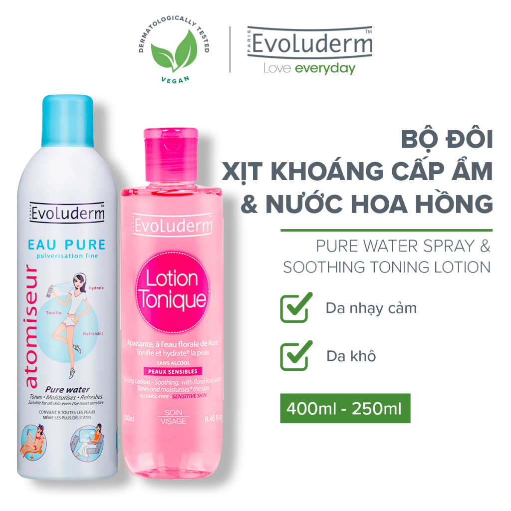 Bộ Xit khoáng Evoluderm Atomiseur Eau Pure 400ml và Nước hoa hồng Evoluderm cho da nhạy cảm 250ml