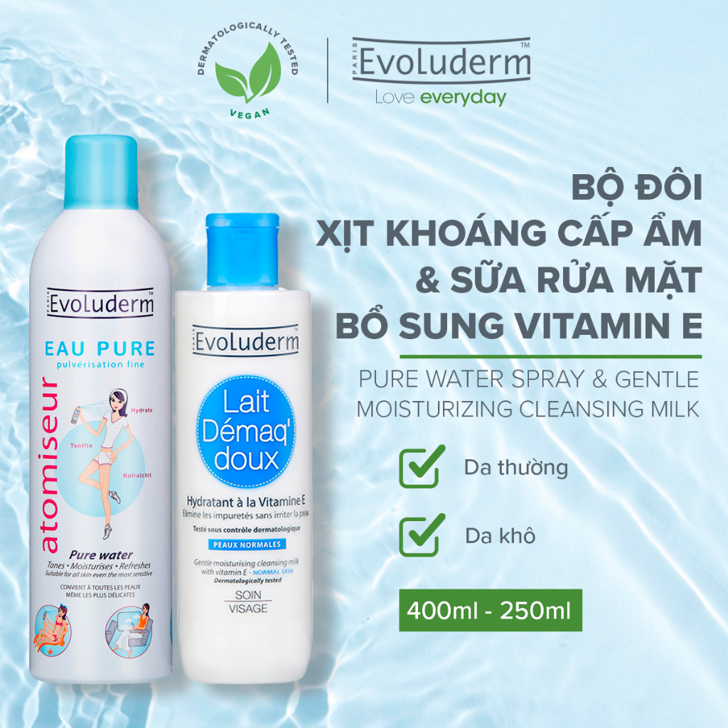 Bộ Xịt khoáng cấp ẩm Evoluderm 400ml và Sữa rửa mặt dành cho da thường Evoluderm 250ml