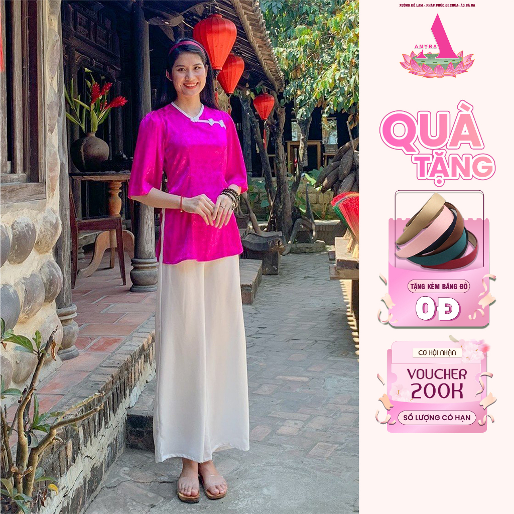 Đồ bộ lam đi chùa cao cấp sang trọng mùa hè gấm lụa - Pháp phục đi chùa tay lửng nút chéo thoải mái SL01