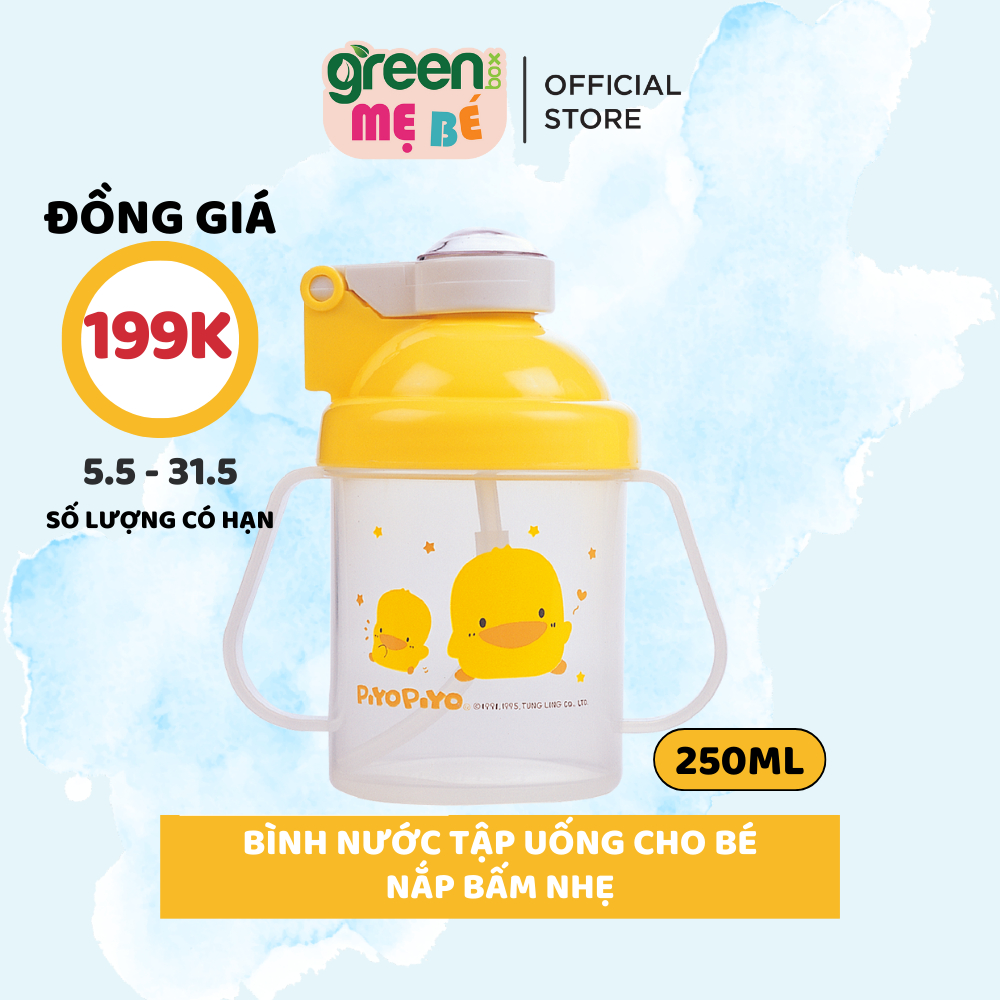 Bình tập uống 240ml Piyo Piyo nắp bật, ống hút ngăn tràn, hai tay cầm, cho bé 8 tháng tuổi trở lên