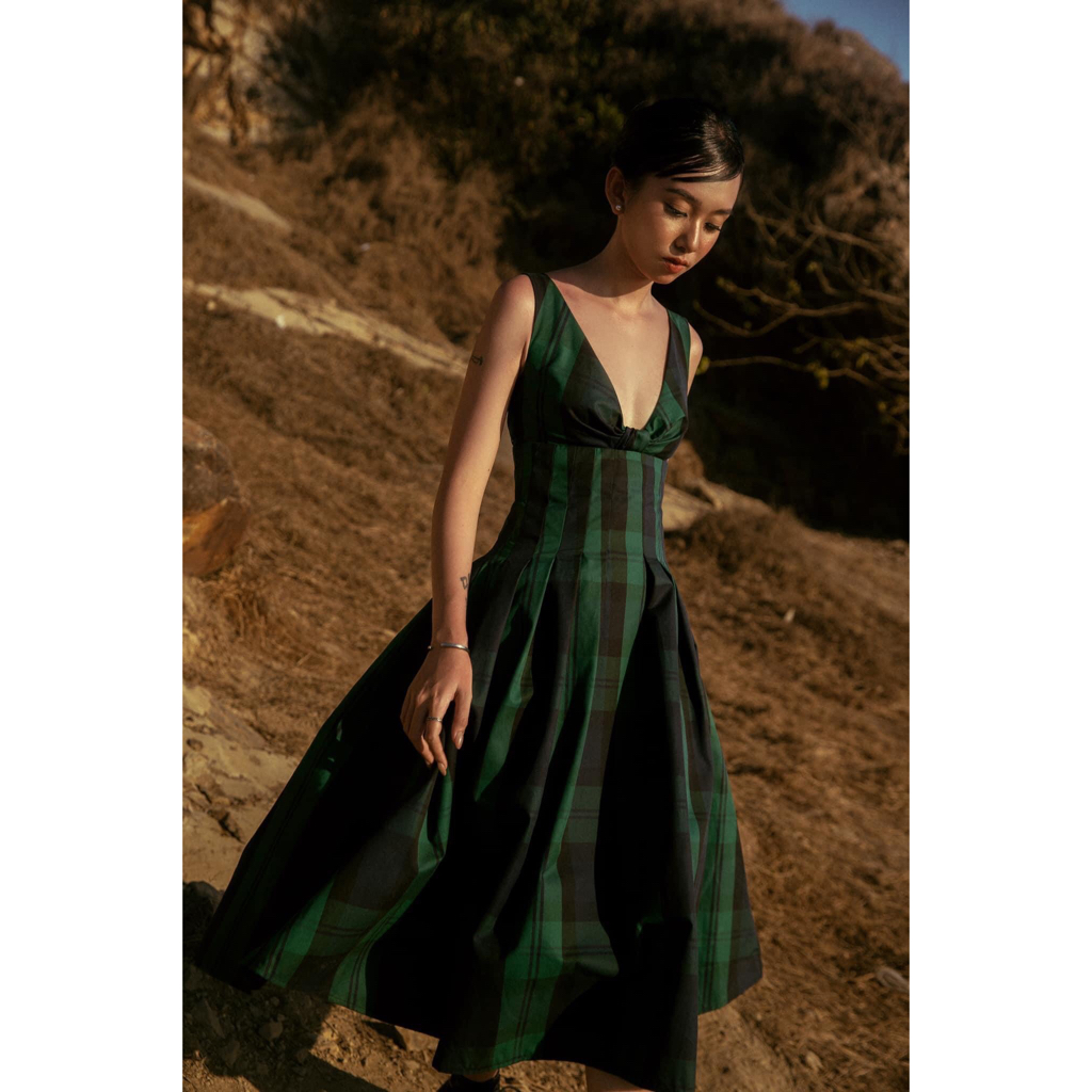 Đầm caro dáng xoè cổ V THE COUNTRY Etro Green Dress vải cotton sọc xanh