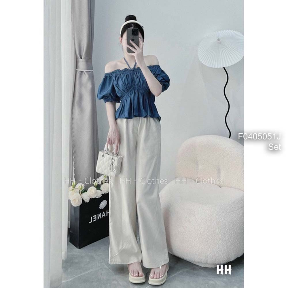 Set áo jean trễ vai cổ yếm nhún ngực thời trang+ quần ống suông dài!