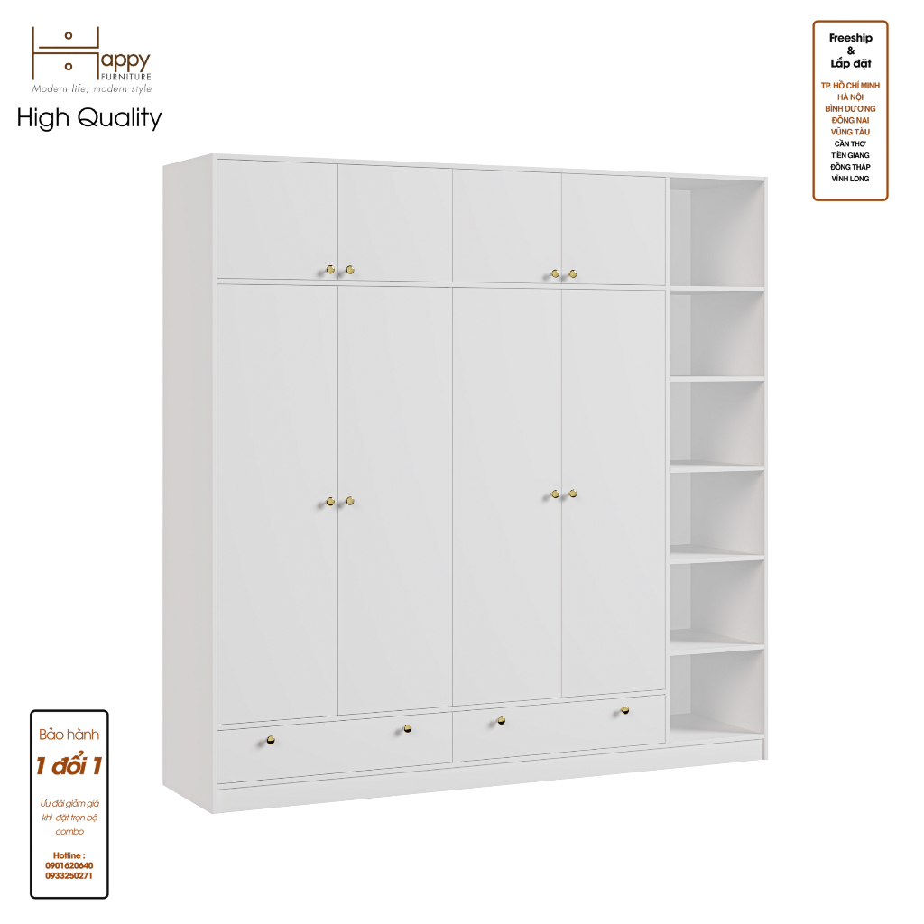 HAPPY FURNITURE , Tủ quần áo 4 cửa mở 2m2x2m2 - ELEGANT , TCM_045 , 220cm x 54cm x 220cm