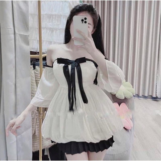 Set váy áo trễ vai dáng babydoll chất voan tơ 2 lớp + chân váy đen xòe dáng ngắn lưng cao siêu đẹp A01