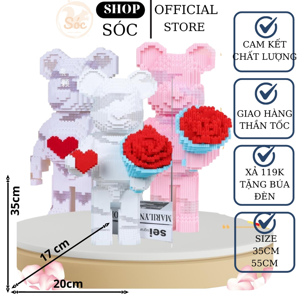 Đồ chơi lắp ráp lego mô hình gấu bearbrick lắp ráp xếp hình gấu Bear brick 55cm có đèn và ngăn kéo,tặng búa. size to55cm