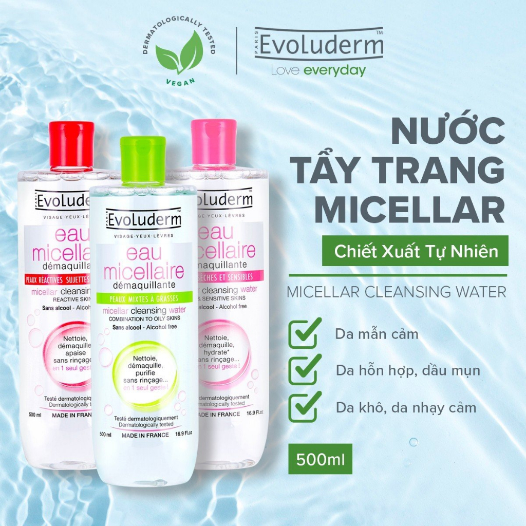 [HB GIFT] Nước tẩy trang Evoluderm Eau Micellaire 500ml (Tùy Chọn)